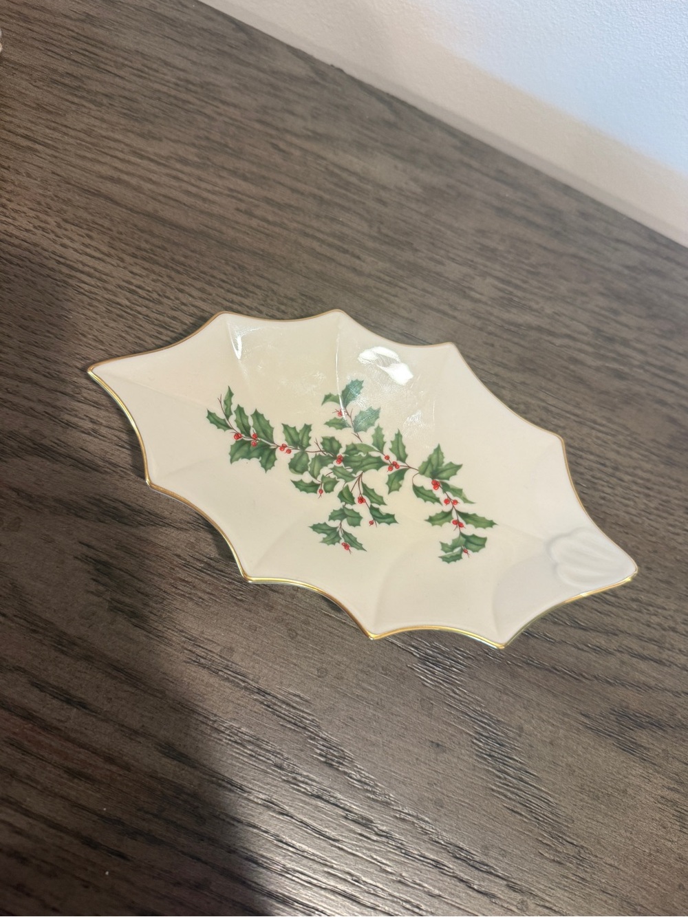Porcelain  Vintage Lenox Holiday Holly Leaf Candy/ Trinket Dish with Gold Trim